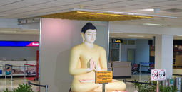 A sculpture of a seated Buddha welcoming passengers at Bandaranaike International Airport