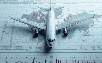 Model airplane sitting atop global economic charts.