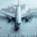 Model airplane sitting atop global economic charts.