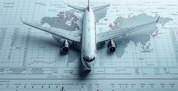 Model airplane sitting atop global economic charts.