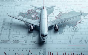 Model airplane sitting atop global economic charts.
