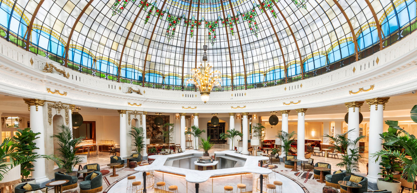 Image: La Cupula, the stained glass and iron dome inside The Palace, a Luxury Collection Hotel in Madrid. (Photo Credit: Marriott)