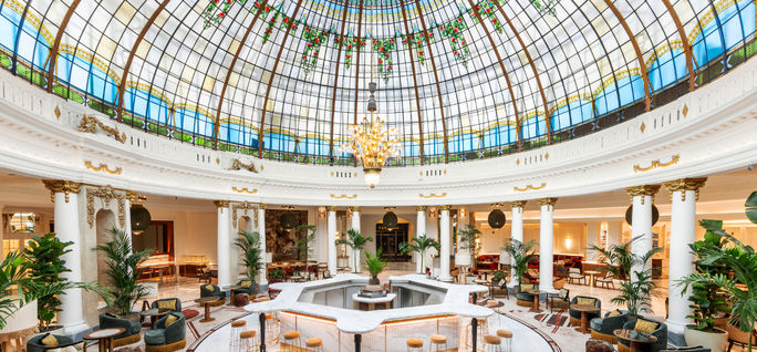 La Cupula, the stained glass and iron dome inside The Palace, a Luxury Collection Hotel in Madrid.