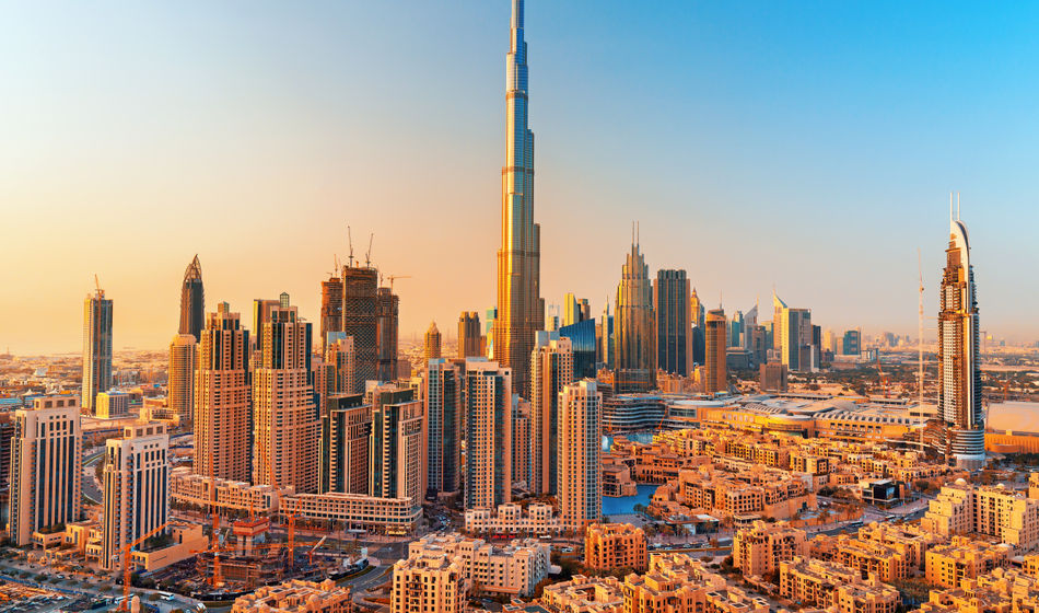 Dubai downtown at the sunset