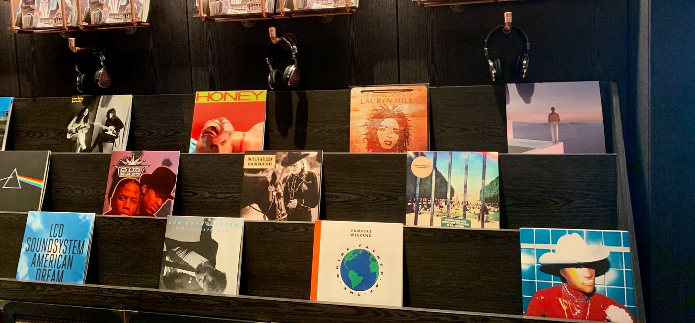 Image: Collection of records at the Vinyl Ambassador station at Austin's Otis Hotel. (Photo by Scott Laird)
