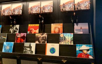Collection of vinyl records in hotel lobby