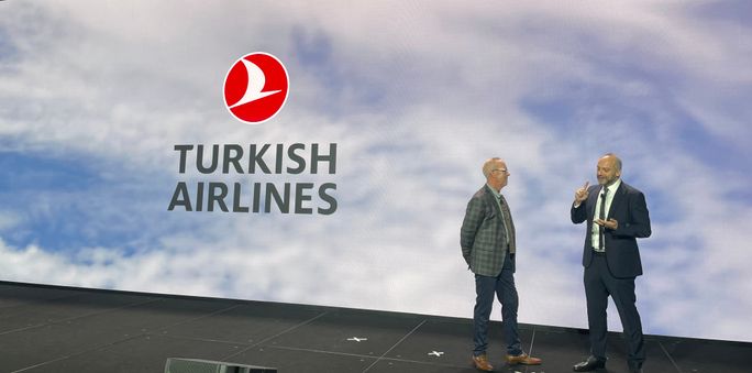 USTOA President and CEO Terry Dale takes the stage with Turkish Airlines during the 2025 USTOA Conference and Marketplace