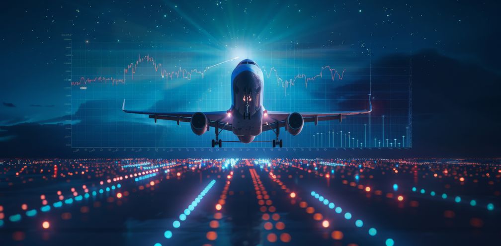 Plane chart graphic, stock, graphs, money, flight, air travel,