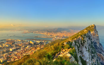 The Rock of Gibraltar, located at the tip of the Iberian Peninsula. 