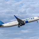 United Airlines airplane in flight.