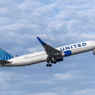 United Airlines airplane in flight.