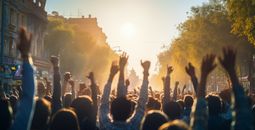 People rallying at a street protest.