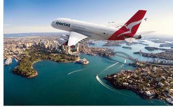 Qantas Airbus 380 jet over Sydney Harbor