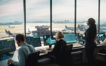 Air traffic controllers working in an airport control tower.
