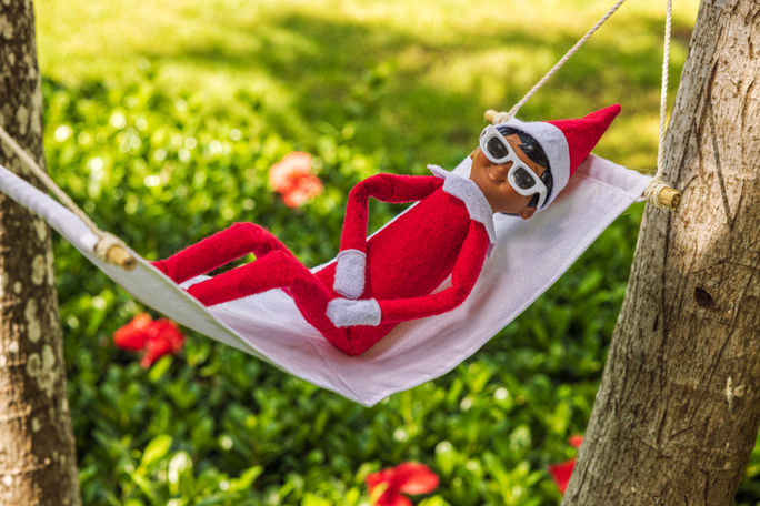 Scout Elf hanging out in a hammock at Beaches Resorts. The Elf on the Shelf, Scout Elf, hammock, tropical, vacations, Beaches Resorts, holidays, seasons, Christmas, festive