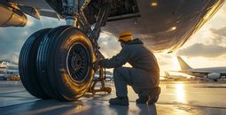 An aircraft maintenance technician working on landing gear.