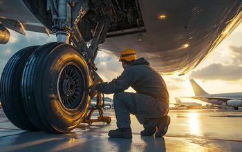 An aircraft maintenance technician working on landing gear.
