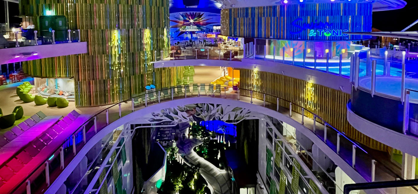 Image: The upper decks of Icon of the Seas at night. (Photo Credit: Bruce Parkinson)