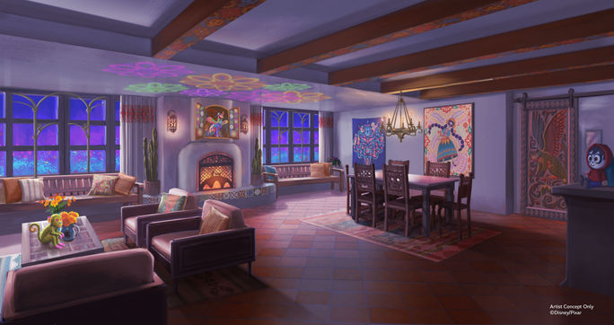 Die Darstellung der neuen Coco -Suite im Pixar Place Hotel in Disneyland Resort. Die Darstellung der neuen Coco -Suite im Pixar Place Hotel in Disneyland Resort.