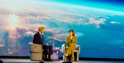 John Kerry, former U.S. Secretary of State speaks to Julia Simpson president and CEO of the WTTC in Perth, Western Australia.
