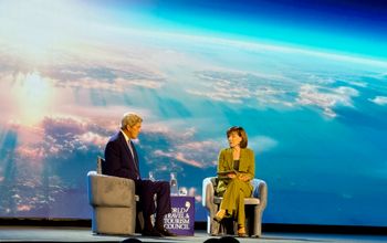 John Kerry, former U.S. Secretary of State speaks to Julia Simpson president and CEO of the WTTC in Perth, Western Australia.