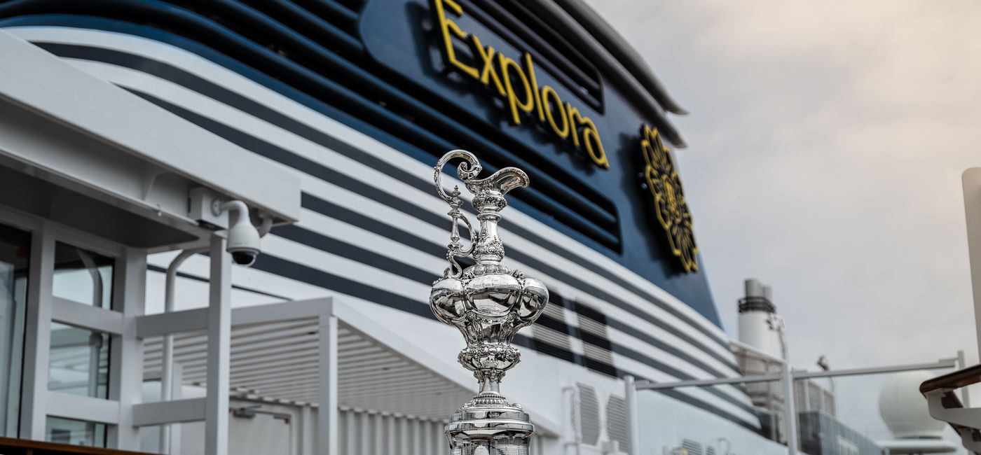 Image: The America's Cup trophy onboard Explora I in Barcelona (Photo Credit: Explora Journeys)