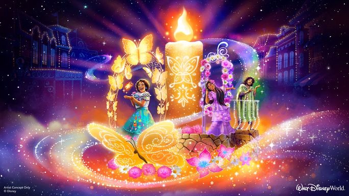 Nighttime parade featuring Encanto float Nighttime parade featuring Encanto float