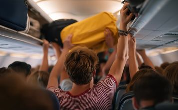 Airplane passengers pulling their carry-on items out of overhead luggage compartments.
