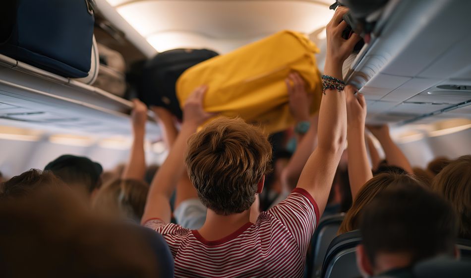 Airplane passengers pulling their carry-on items out of overhead luggage compartments.