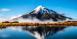 Mirroring waters of the lake alongside Mount Taranaki, New Zealand.