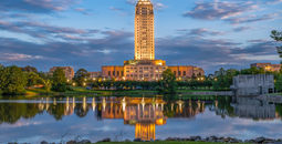 Louisiana State Capitol building at dusk, Baton Rouge, Louisiana.