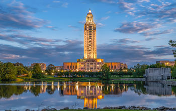 Louisiana State Capitol building at dusk, Baton Rouge, Louisiana.