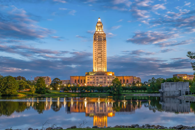 Louisiana State Capitol building at dusk, Baton Rouge, Louisiana.