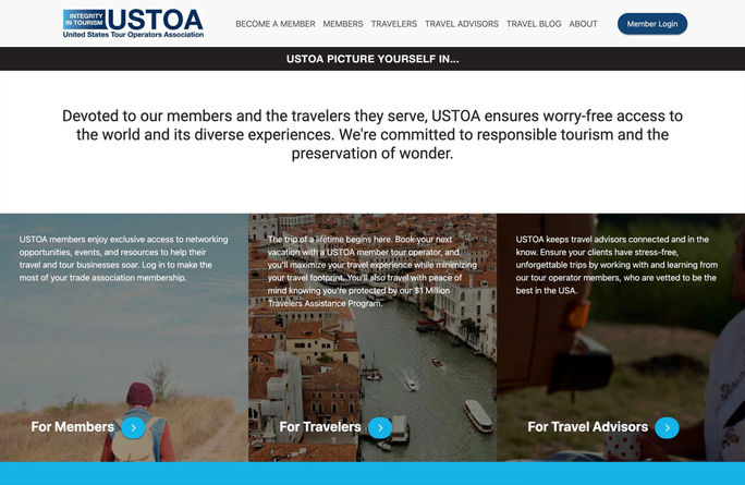 The new home page for the USTOA website. USTOA, home page, travel websites