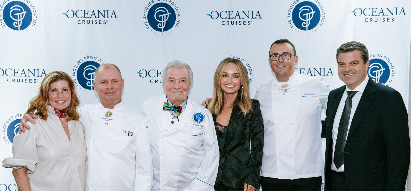 Image: Left to Right: Claudine Pépin, Chef Eric Barale, Chef Jacques Pépin, Giada De Laurentiis, Chef Alexis Quaretti, Frank A. Del Rio (Photo Credit: Oceania Cruises)