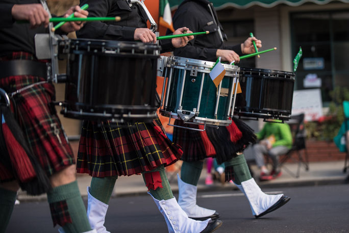 Band plays during a St. Patrick's Day parade Band plays during a St. Patrick's Day parade