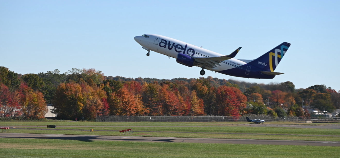 Image: Avelo Airlines flight taking off from Tweed-New Haven Airport. (Photo Credit: Avelo Airlines)