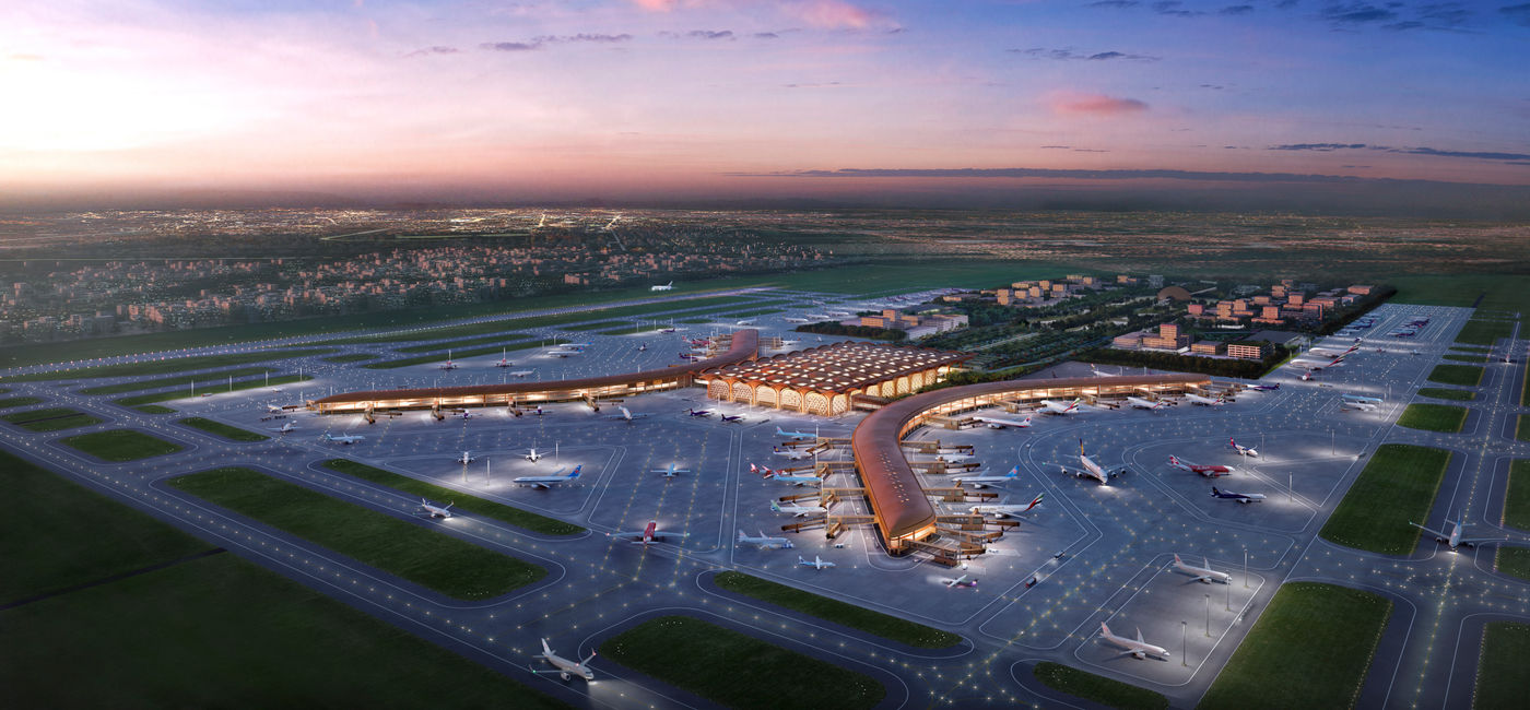 Image: Aerial rendering of Techo International Airport at night. (Photo Credit: Foster + Partners)