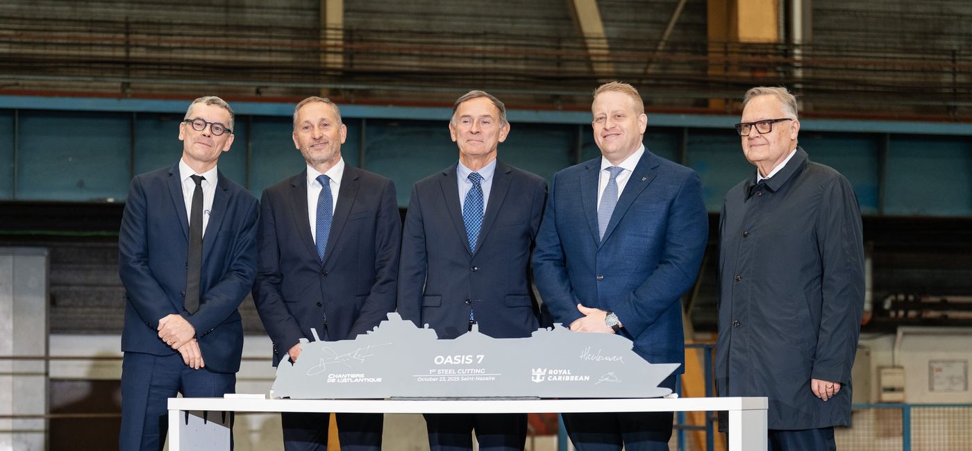 Image: A steel-cutting for Utopia of the Seas took place at the Chantiers de l’Atlantique shipyard in Saint-Nazaire, France. (Source: Royal Caribbean)