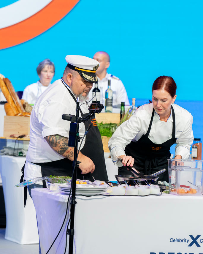 Celebrity Cruises President Laura Hodges Bethge competes in a cooking contest aboard the 2024 President's Cruise. Celebrity Cruises President Laura Hodges Bethge competes in a cooking contest aboard the 2024 President's Cruise.