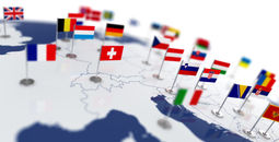 Map of Europe with various countries' national flags.