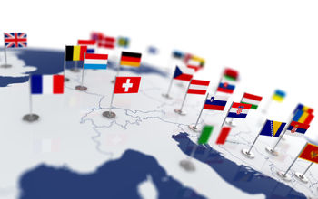Map of Europe with various countries' national flags.