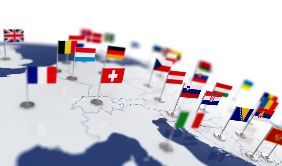 Map of Europe with various countries' national flags.