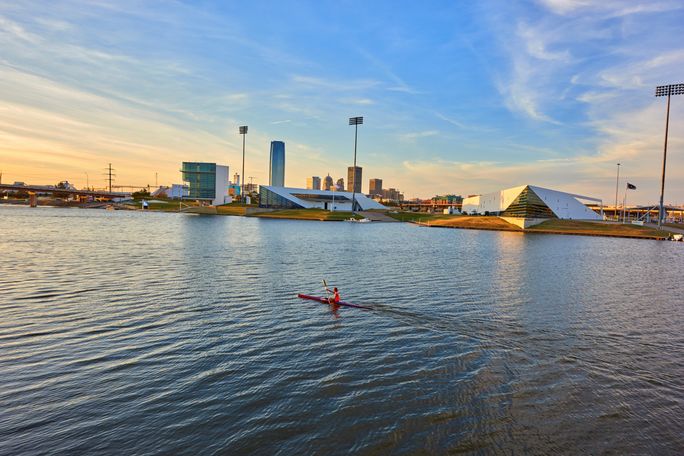 The Boathouse District in Oklahoma City is where you can enjoy water activities in the heart of the city. Visit Oklahoma City, Boathouse District, kayak, autumn, OKC, second cities