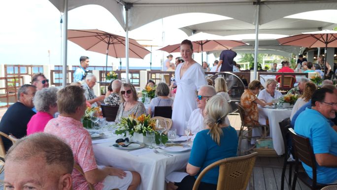 Celebrity Cruises President Laura Hodges Bethge interacts with guests at the Grand Old House, Cayman Islands. Celebrity Cruises President Laura Hodges Bethge interacts with guests at the Grand Old House, Cayman Islands.