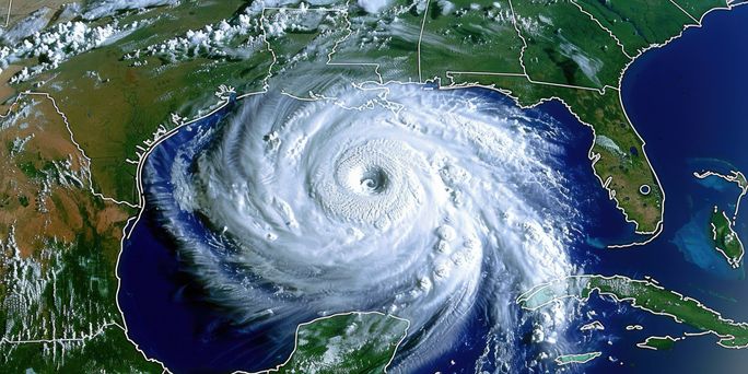 Depiction of a powerful hurricane in the Gulf of Mexico. Depiction of a powerful hurricane in the Gulf of Mexico.