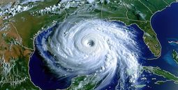 Depiction of a powerful hurricane in the Gulf of Mexico.