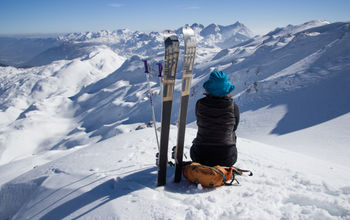Traveler skiing the Julian Alps in Slovenia