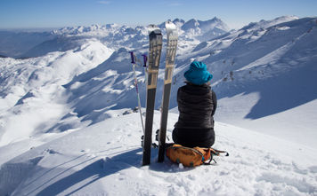Traveler skiing the Julian Alps in Slovenia