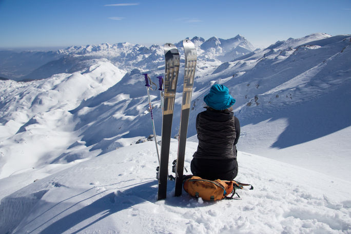 Traveler skiing the Julian Alps in Slovenia Traveler skiing the Julian Alps in Slovenia